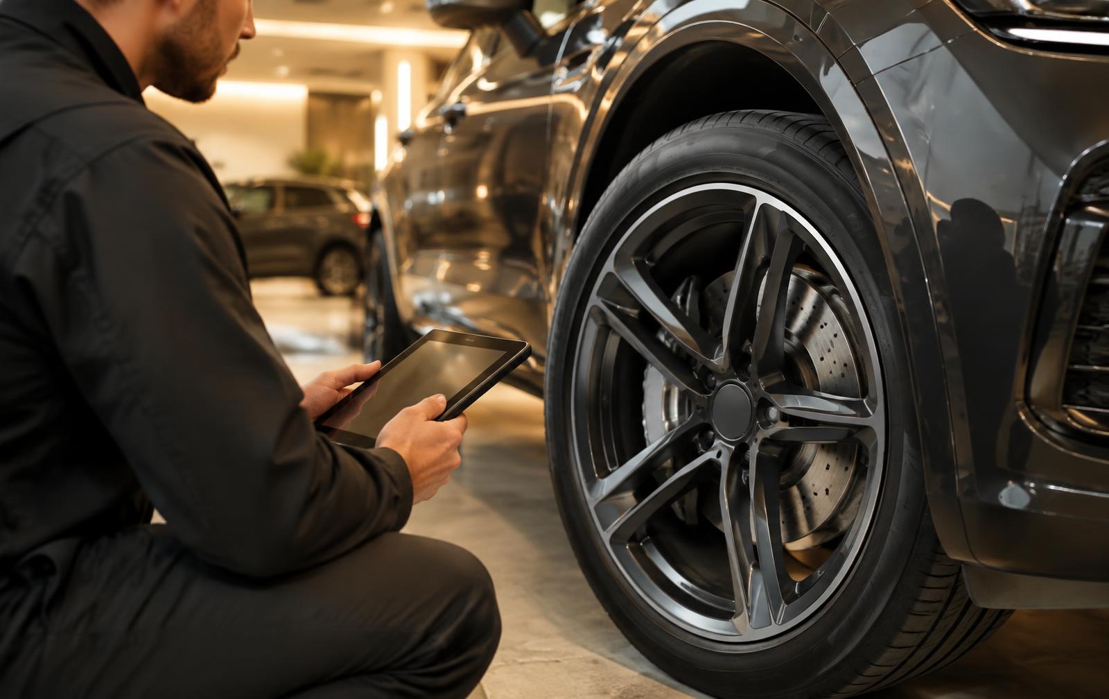 A technician reviewing a vehicle's wheel and brakes